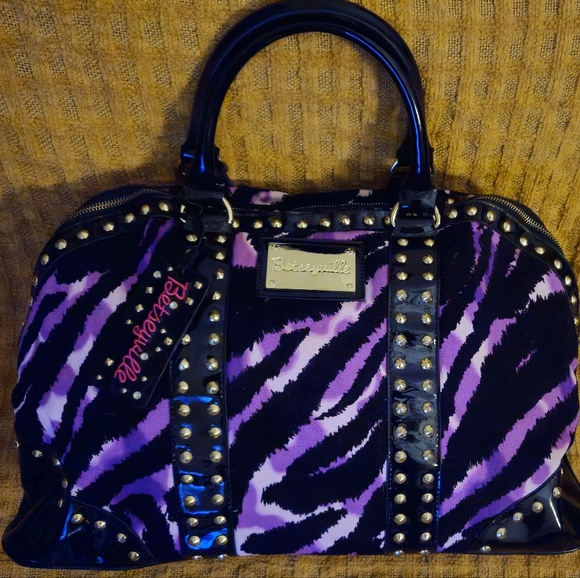 Betseyville-Betsey Johnson Purple & Black Zebra Print Tote with Studded Accents - Picture 1 of 13